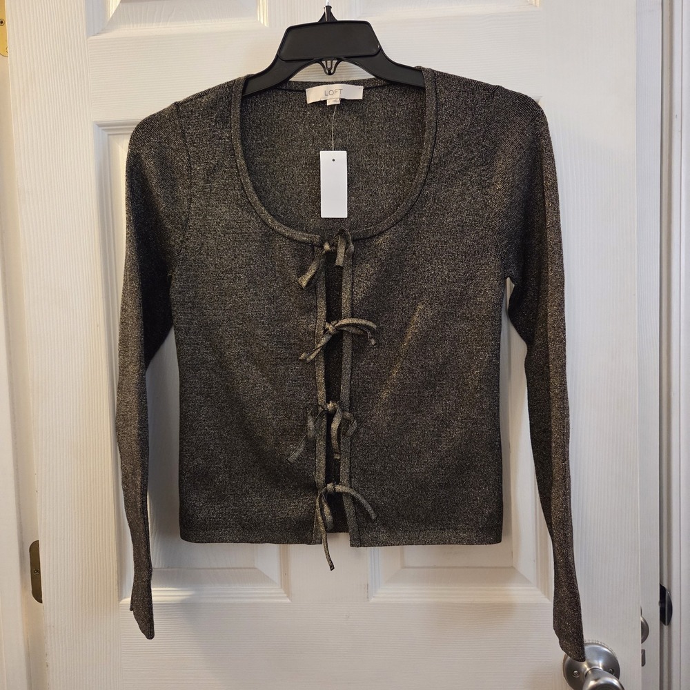 Loft sz M black/gold metallic 4 tie cardigan sweater NWT‎ shimmer party glam